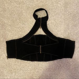 black denim zip up crop top with choker collar